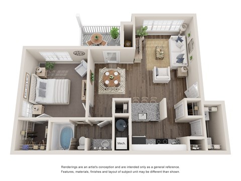 Floor plan for 1 bed, 1 bath, 764 sqft